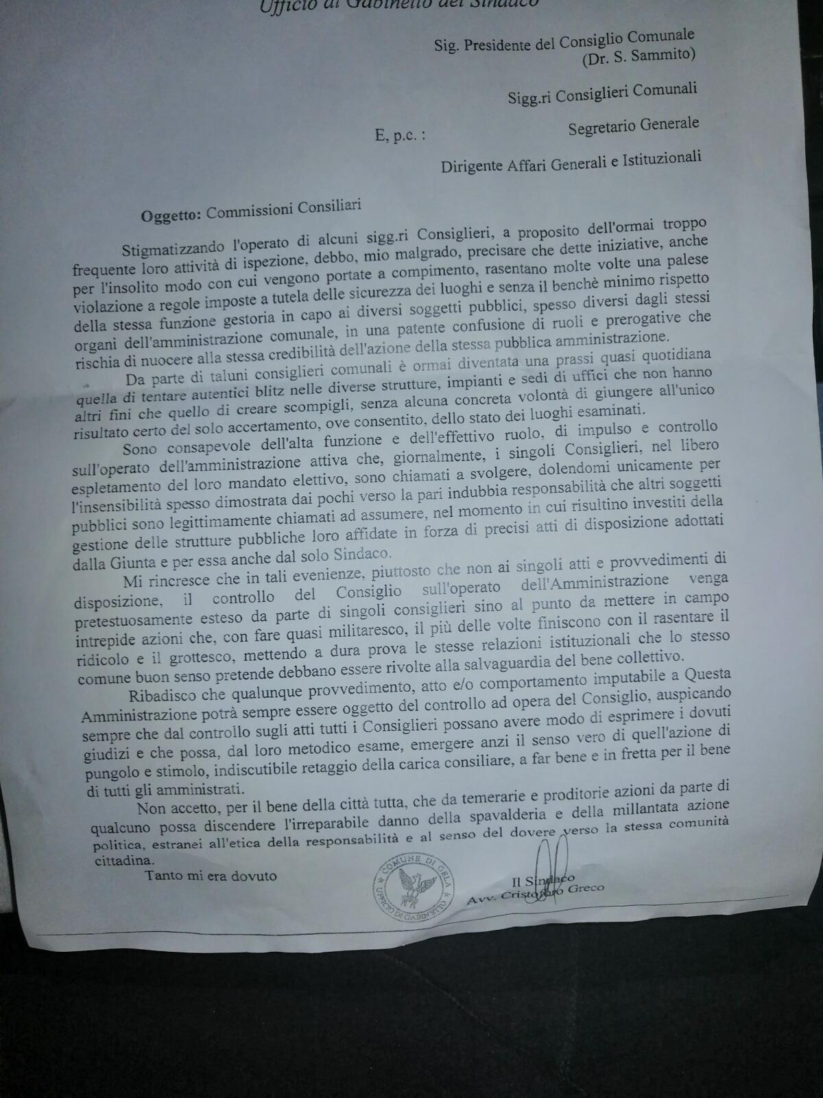 Ecco la lettera ed i commenti dei consiglieri - 