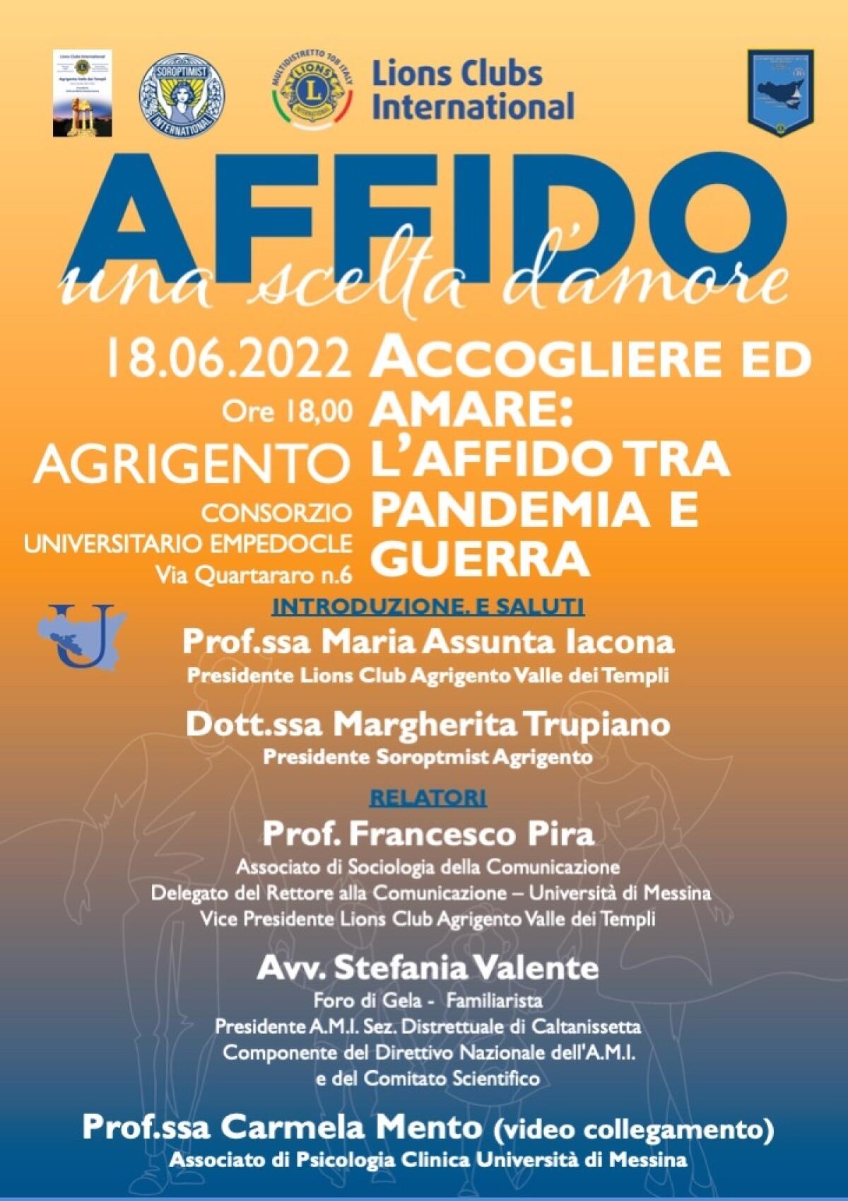 Lions Club Valle dei Templi e Soroptimist, sabato pomeriggio il convegno sull’Affido tra pandemia e guerra: relatrice l'avv. Valente - 