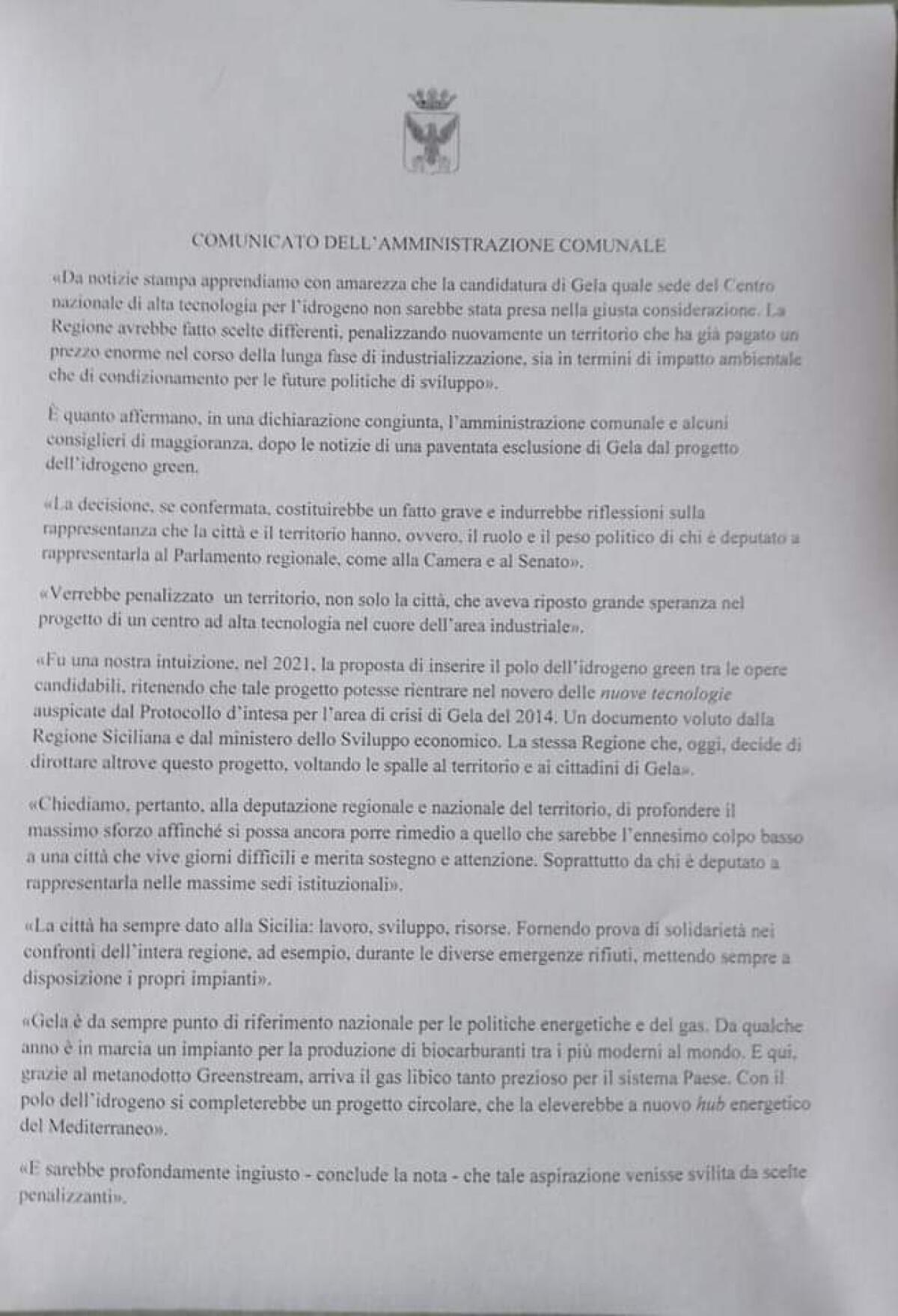 Il mancato polo dell’idrogeno e il comunicato sul profilo dell’assessore - 