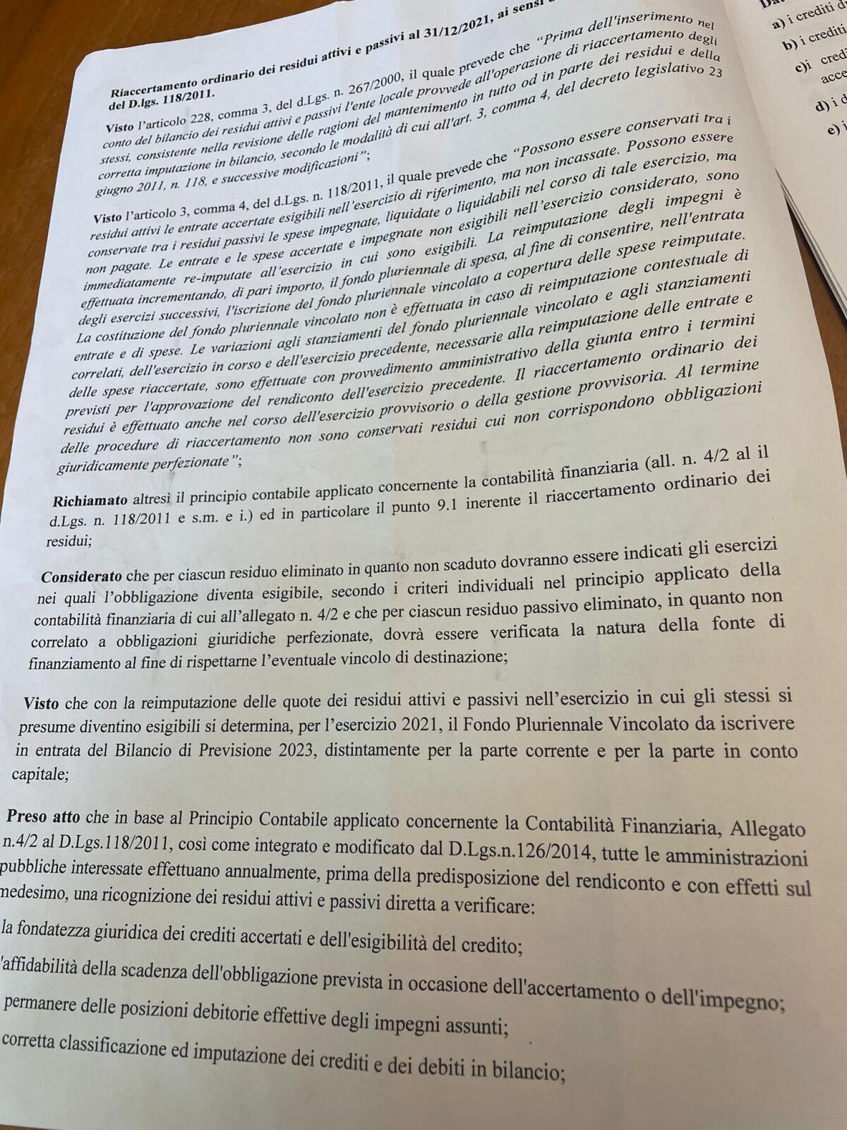Ok alla delibera su riaccertamento residui attivi e passivi - 