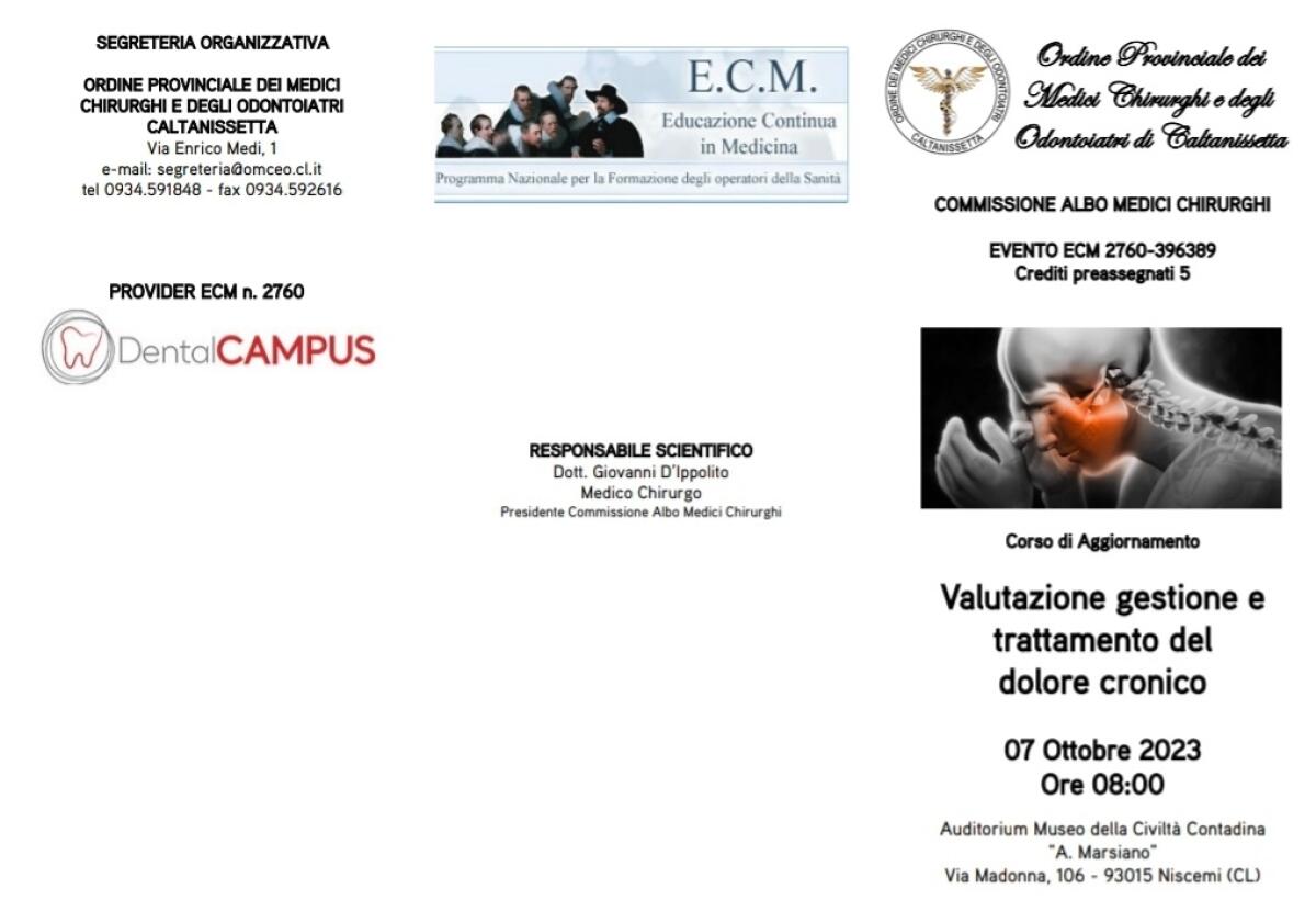 Corso di Aggiornamento a Niscemi sul dolore cronico e terapie - 