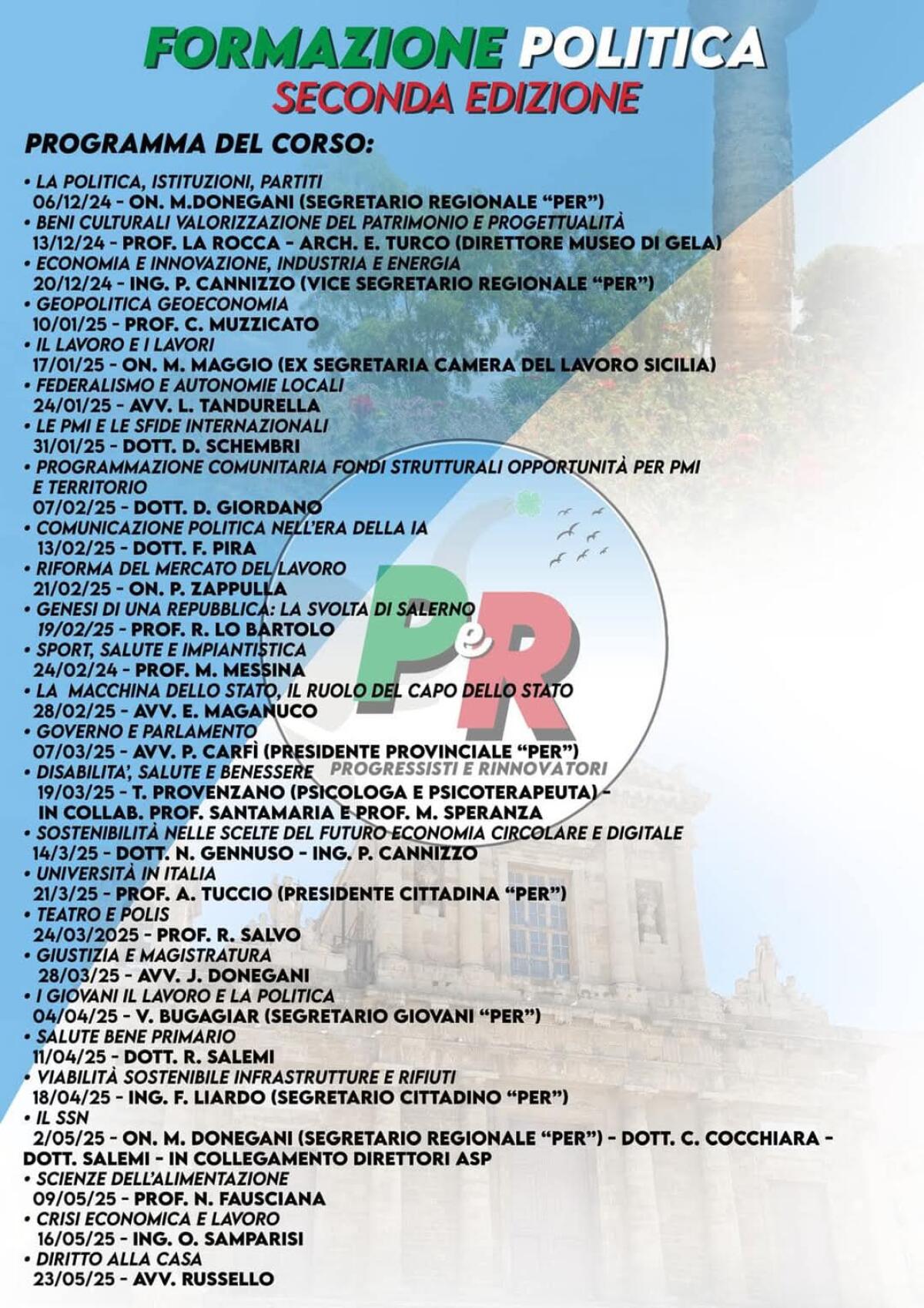 Rinviata al 12 dicembre la prima lezione della scuola di formazione politica di PeR -