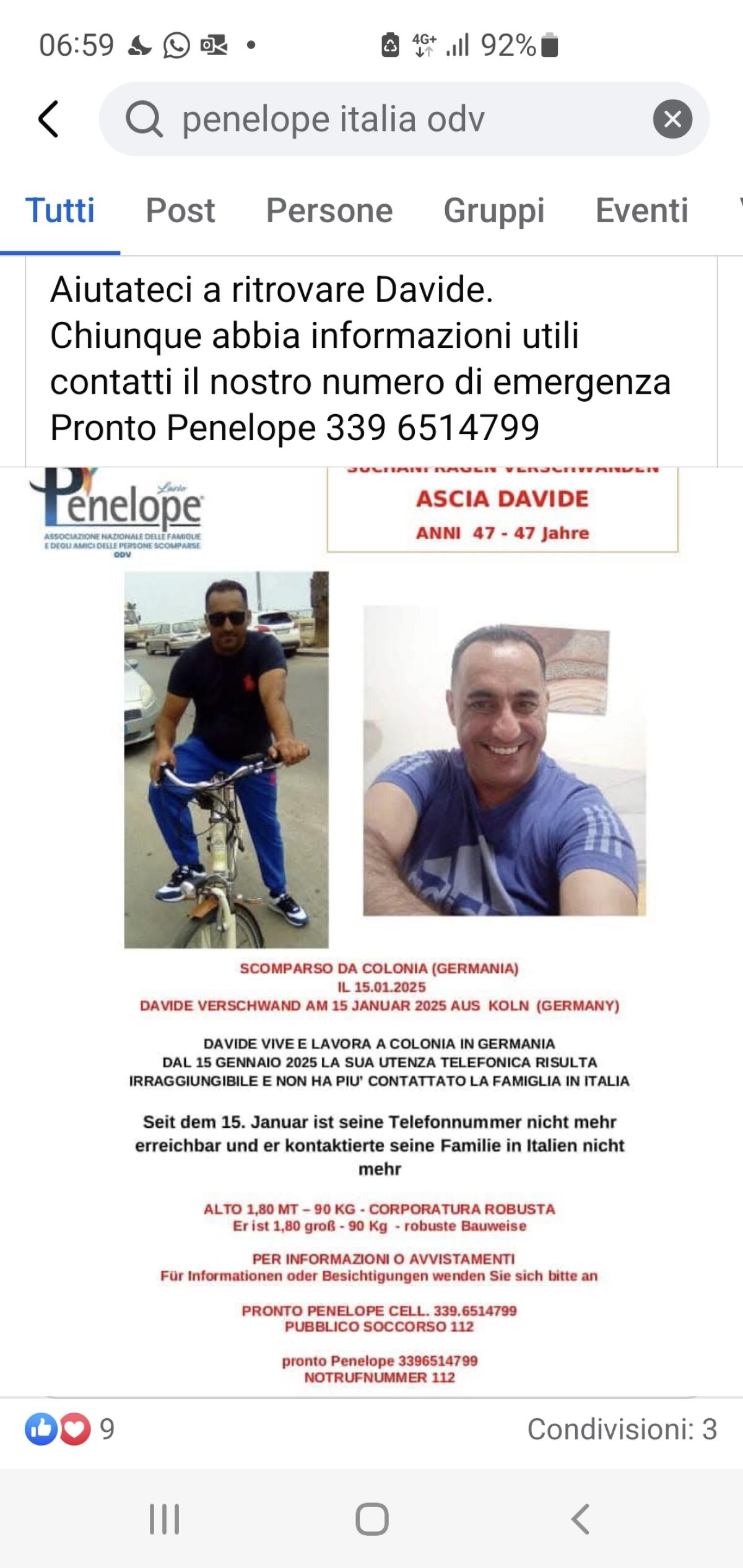 Gelese trasferito a Colonia scomparso da 15 giorni -