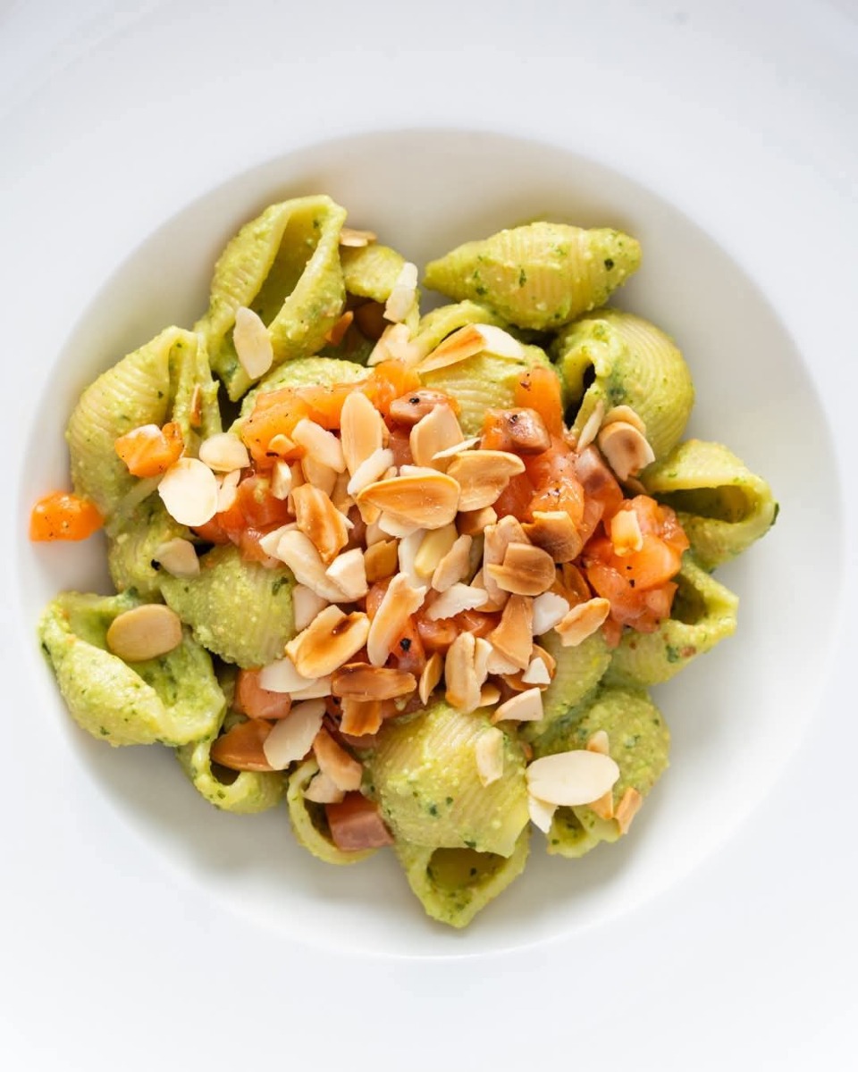 Conchiglie al pesto sorrentino e tartare di salmone -