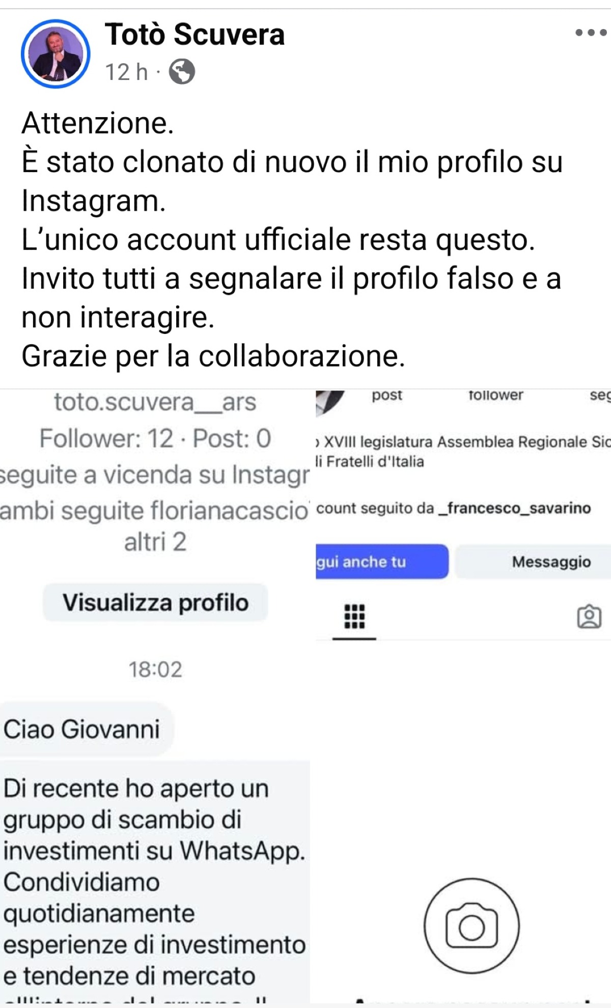 Nuovamente clonato il profilo Instagram dell'on.Scuvera  - 